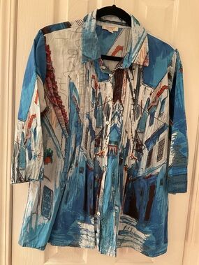 Abstract Scenic Button-Down Shirt - Blue Greece Italy Europe 21.5. By 28 inch
